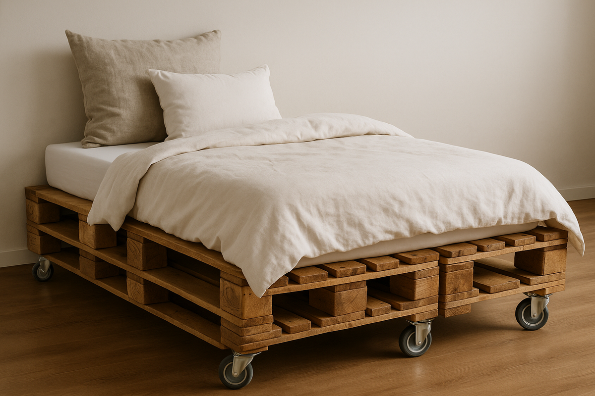 Palettenbett auf Rollen mit heller Bettwäsche