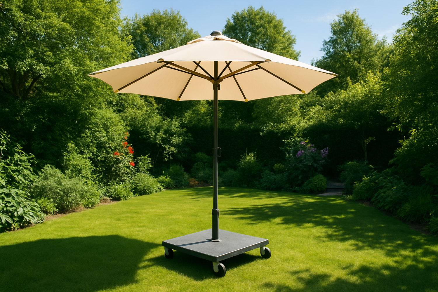 Sonnenschirm der auf Rollen in einem Garten steht