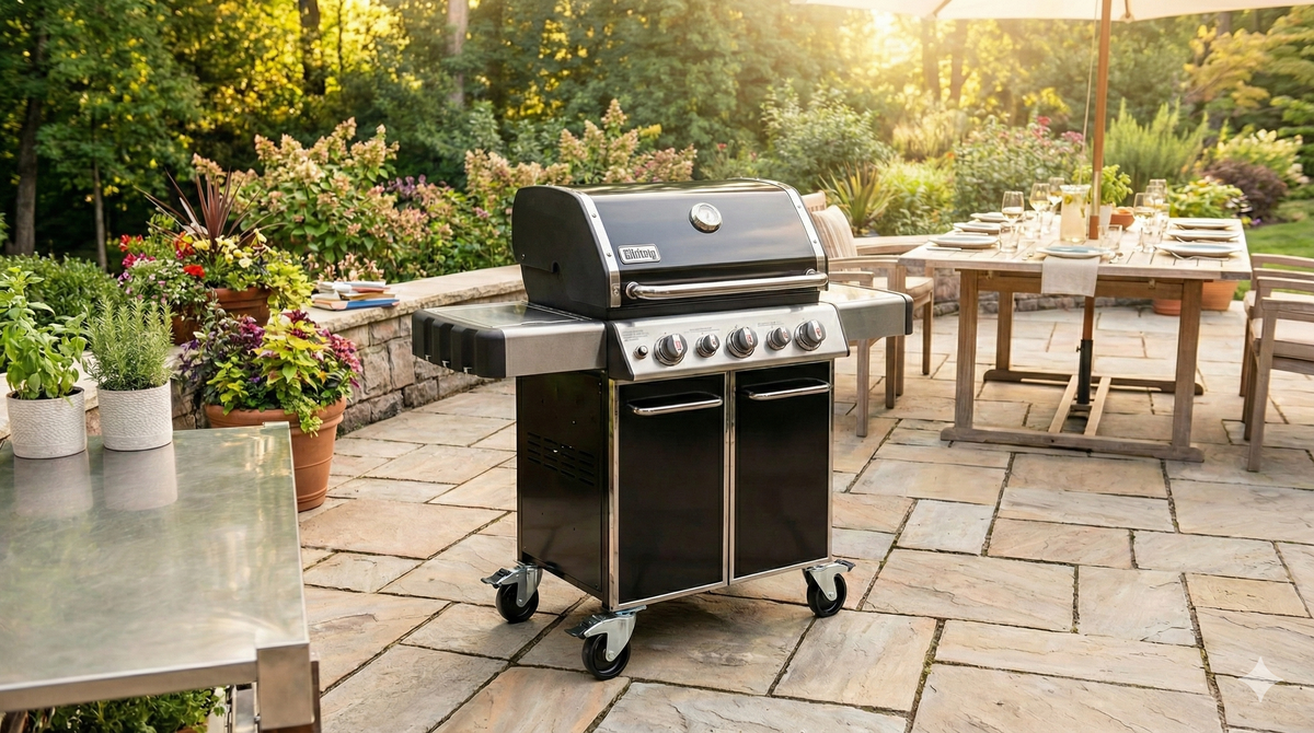 Gasgrill auf Rollen auf einer Gartenterrasse