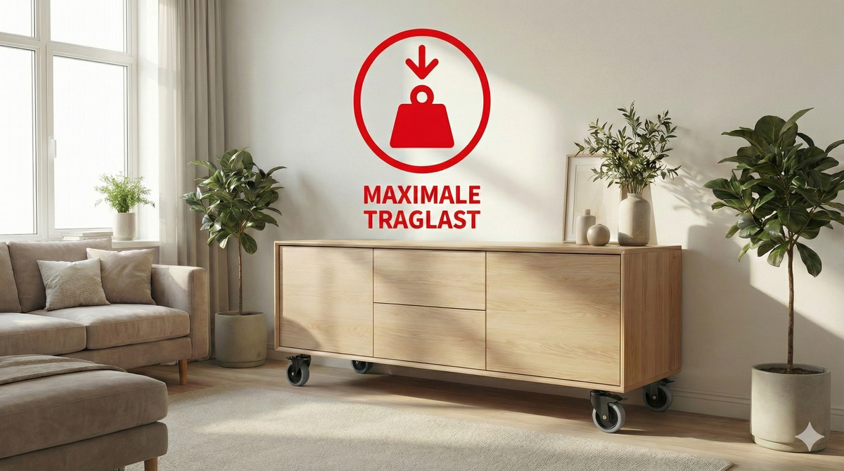 Sideboard auf Rollen mit Symbol für maximale Traglast