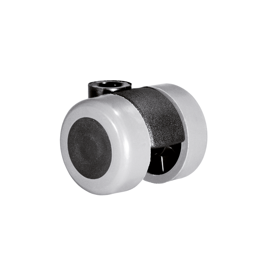 Die KARWEG GmbH & Co. KG Doppelrolle Ø 35 mm mit weicher grauer Lauffläche, bestehend aus zwei grauen und schwarzen Kunststoffrädern auf schwarzer Achse, eignet sich ideal für harte Böden und ist vor weißem Hintergrund abgebildet.