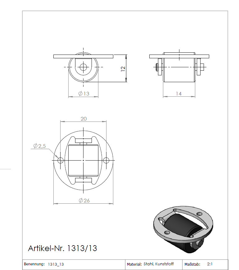 Ø 13 mm, Kastenbockrolle mit harter Lauffläche