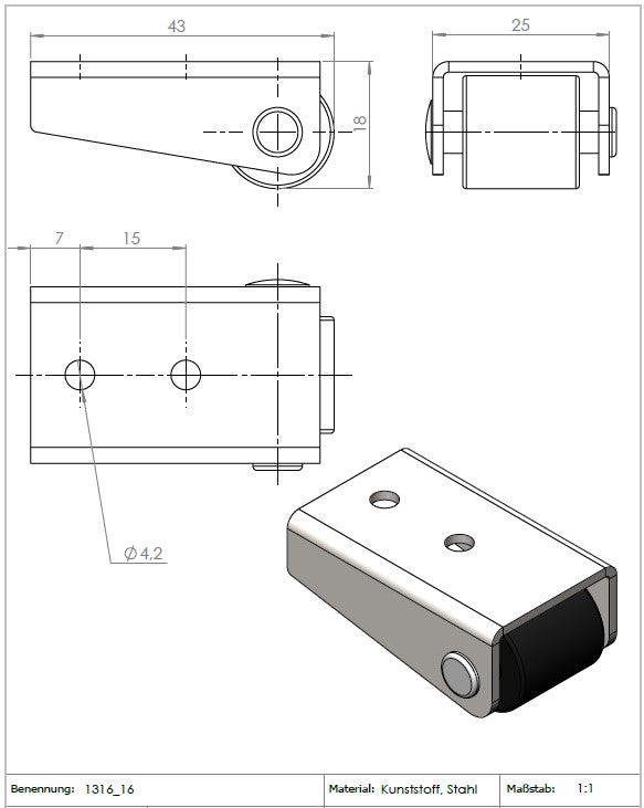 Ø 16 mm, Sonderkonstruktion Kastenbockrolle mit harter Lauffläche