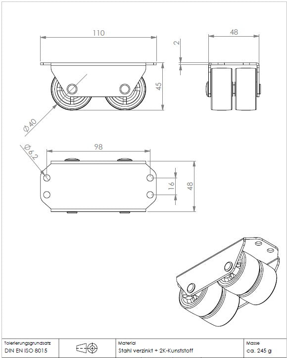 Ø 40 mm, Sonderkonstruktion Kastenbockrolle mit weicher Lauffläche, 4x Rad