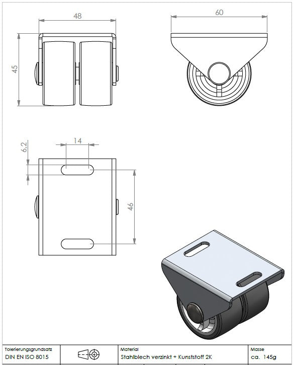 Kastenbockrolle mit weicher Lauffläche, 2x Rad, Ø 40 mm, Sonderkonstruktion