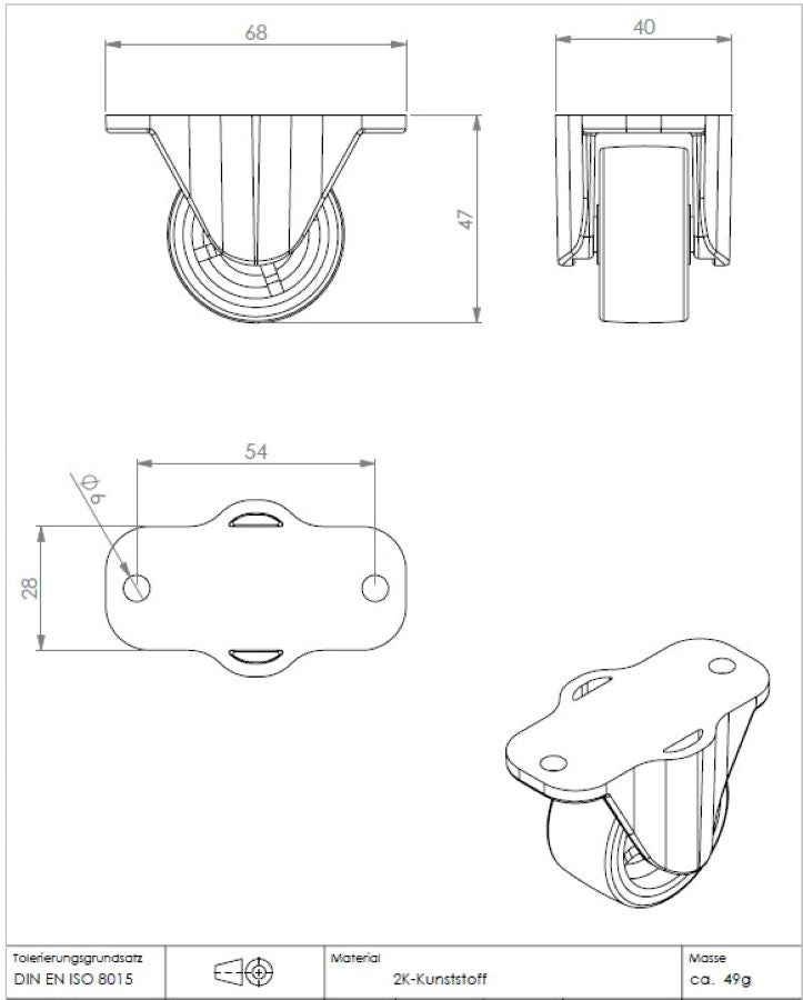 Ø 40 mm, Kastenbockrolle mit weicher Lauffläche