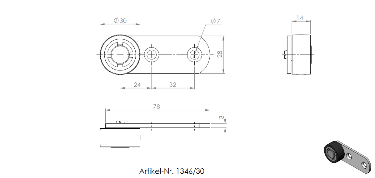 Technische Zeichnung eines Hebels mit Rolle (Ø 30 mm) mit weicher Lauffläche, verzinkt, 78 × 28 mm.