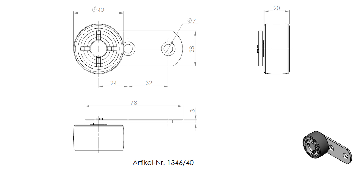Technische Zeichnung eines Hebels mit Rolle (Ø 40 mm) mit weicher Lauffläche, verzinkt, 78 × 28 mm.