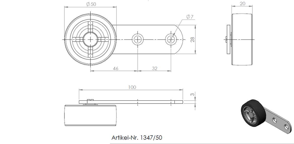 Technische Zeichnung eines Hebels mit Rolle (Ø 50 mm) mit weicher Lauffläche, verzinkt, 100 × 28 mm.