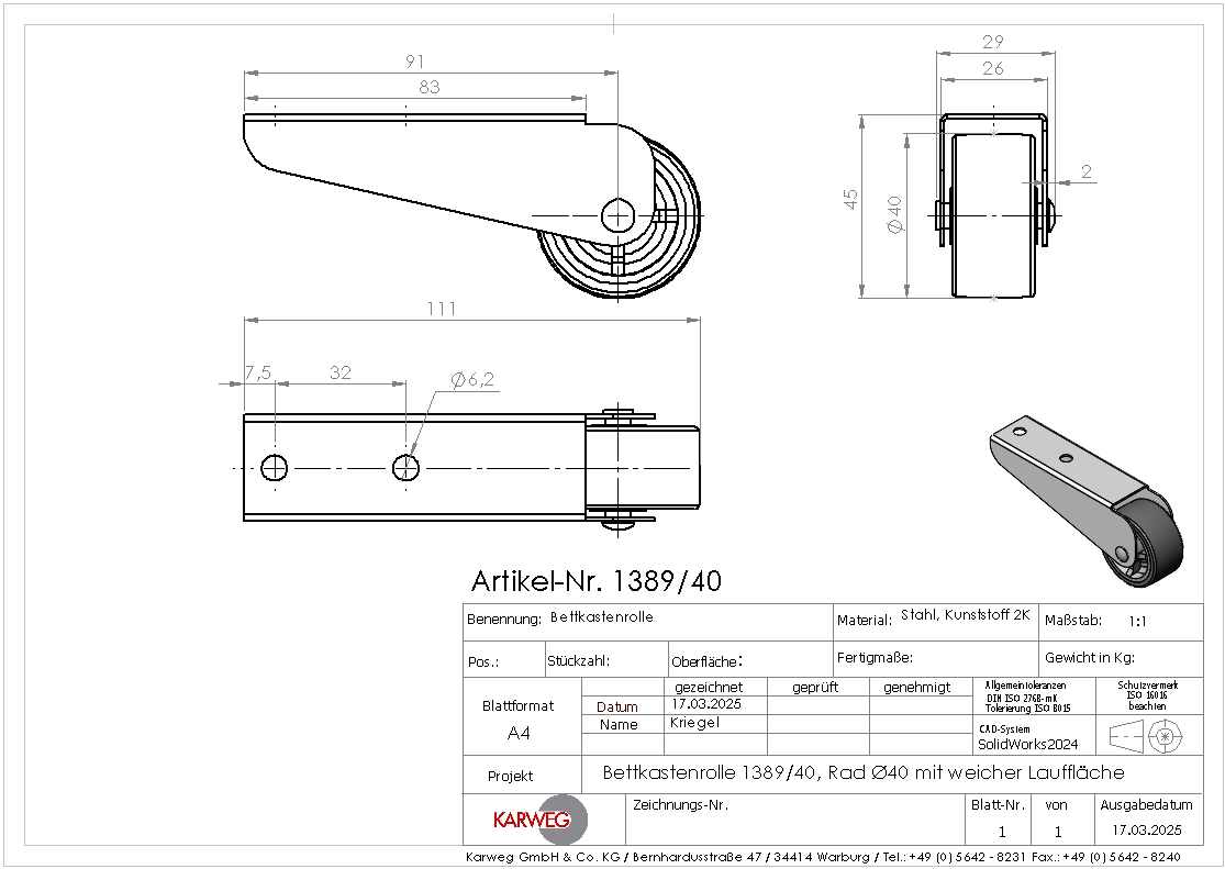 Bettkastenrolle 83x26 mm verzinkt mit Rolle Ø 40 mm, weiche Lauffläche