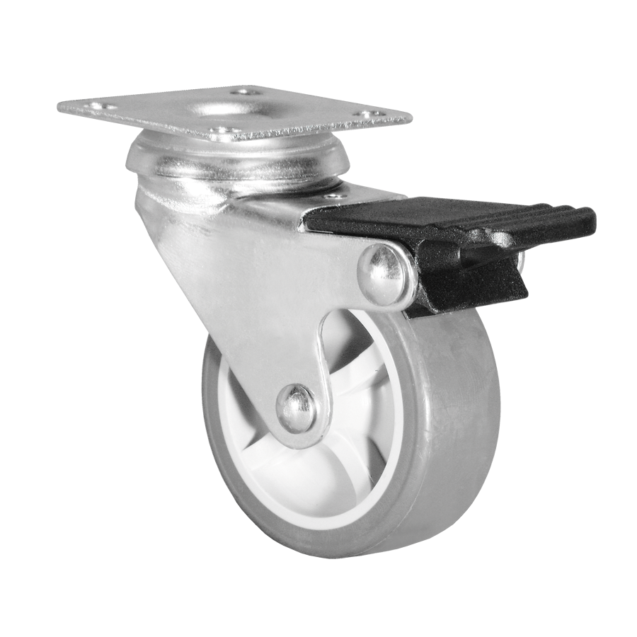 Ø 125 mm Apparaterolle mit weicher Lauffläche und Feststeller, Anschraubplatte 60x60 mm