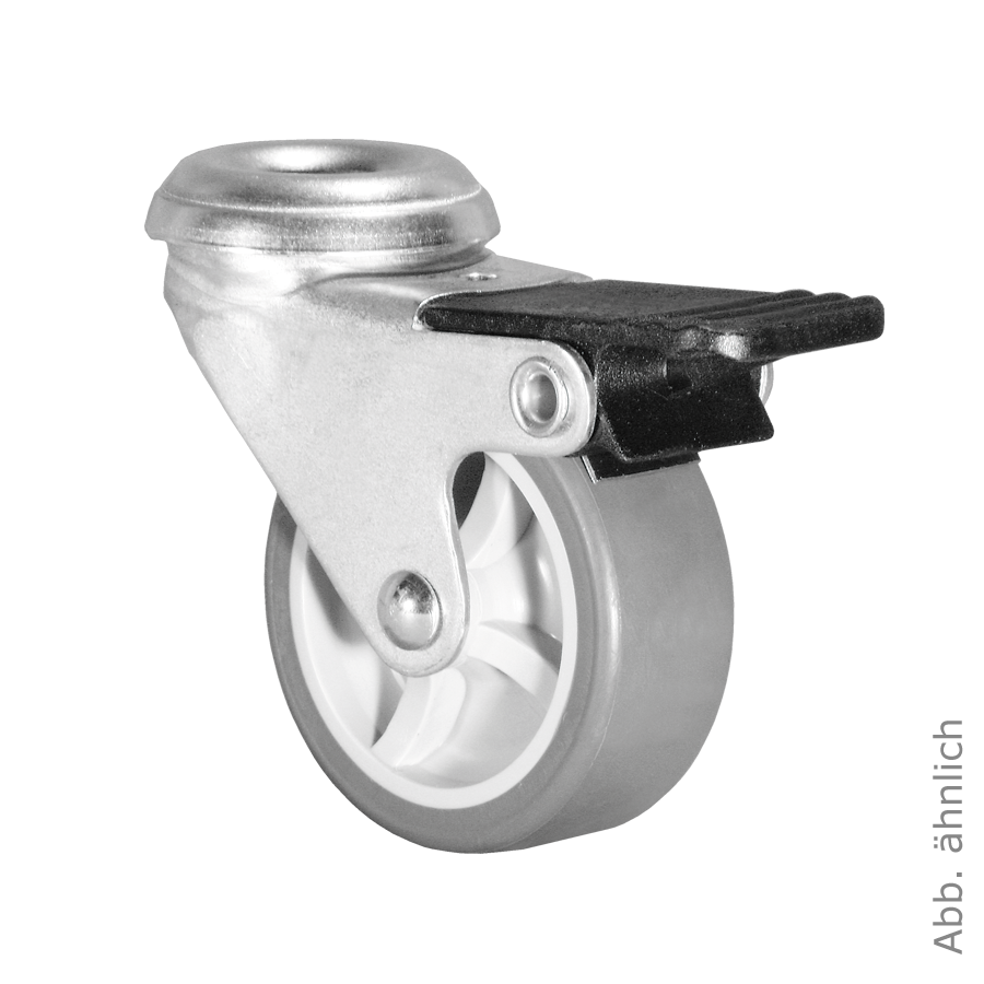 Ø 125 mm Apparaterolle mit weicher Lauffläche und Feststeller, Rückenloch Ø 10,2 mm