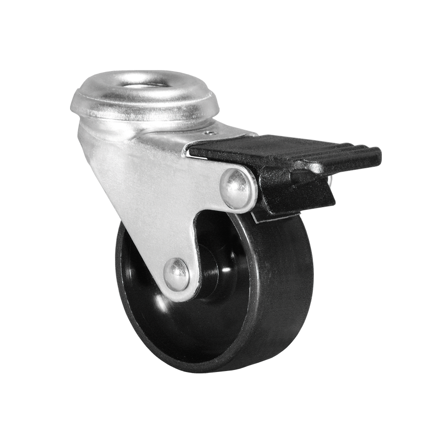 Ø 100 mm Apparaterolle mit harter Lauffläche und Feststeller, Rückenloch Ø 10,2 mm