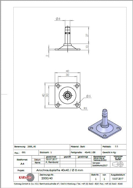 Anschraubplatte 40x40x2,0 mm verzinkt, Stift Ø 8x27 mm mit Klemmring