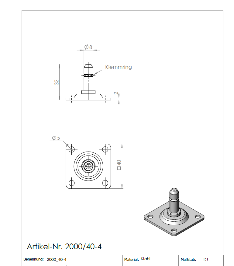 Anschraubplatte 40x40x2,0 mm verzinkt, Stift Ø 8x27 mm mit Klemmring
