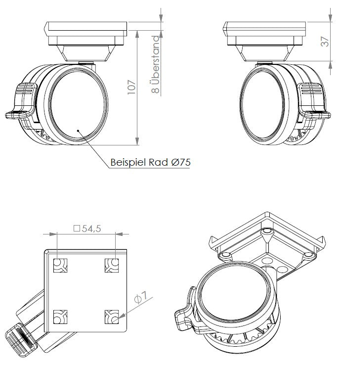 Technische Zeichnung des Rollendiscount Lenkrollen-Set Ø75mm mit Feststeller, Stift 10/10, Kantenschutz und Montageblock, mit Abmessungen, Seiten- und Draufsicht und den wichtigsten Merkmalen für einen sicheren Verschluss.