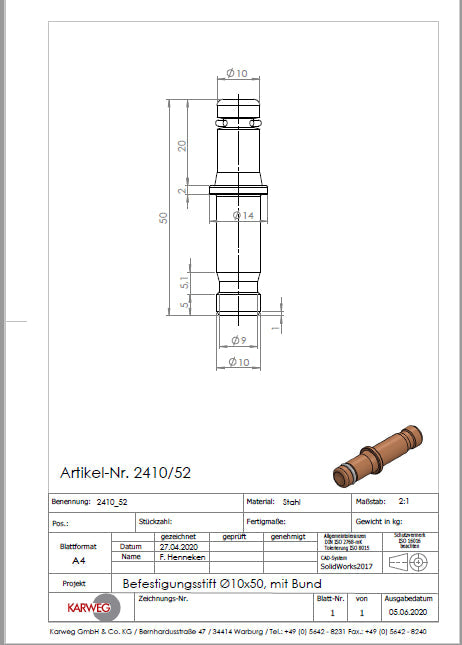 Bürostuhlrollenstift Ø 10x50 mm für Bohrung Ø 10 mm, Stiftlänge 50mm