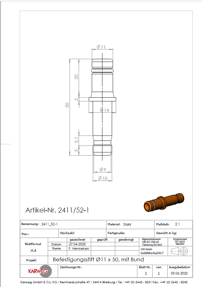 Bürostuhlrollenstift Ø 11x50 mm für Bohrung Ø 10 mm, Stiftlänge 50mm