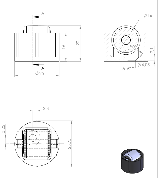 3D-Ansicht & technische Zeichnung: KARWEG Stollenrolle mit Rad, Ø 16 mm, für Bohrung Ø 25 mm, Bauhöhe 4 mm.