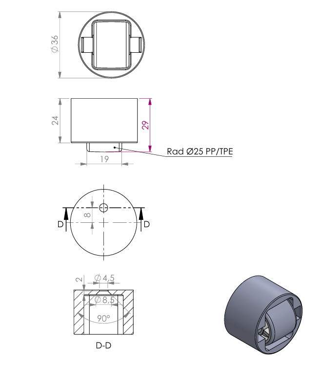 Zeichnung einer Stollenrolle mit weicher Lauffläche, Ø 25 mm, von KARWEG GmbH & Co. KG, mit Abmessungen und 3D-Ansicht.