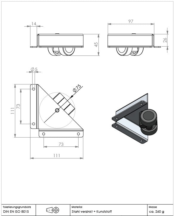 Eckwinkel mit Rolle Ø35mm weiche Lauffläche