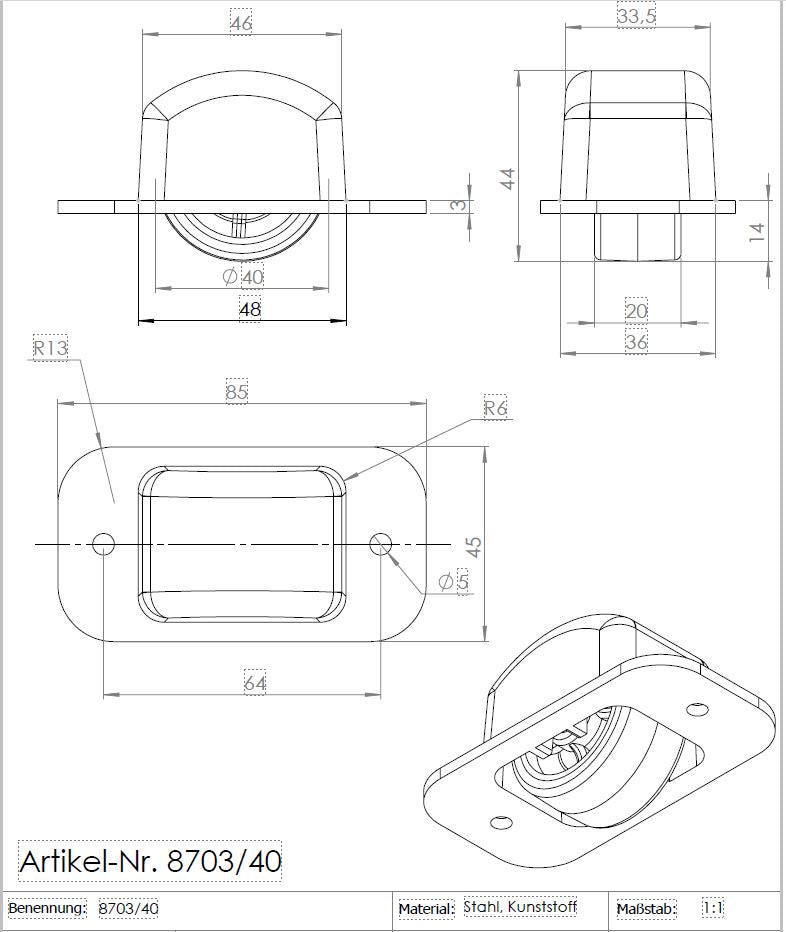 Bettkastenrolle mit Kunststoffgehäuse schwarz, Stahlachse Ø 8mm, mit weicher Lauffläche grau, Ø 40mm