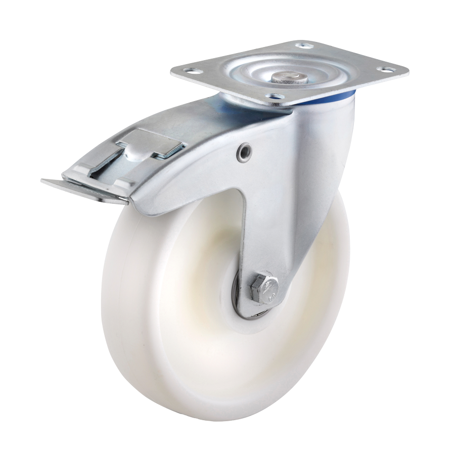 Ø 150 mm, Lenkrolle mit Feststeller und Anschraubplatte, Radkörper aus Polypropylen mit Kugellager