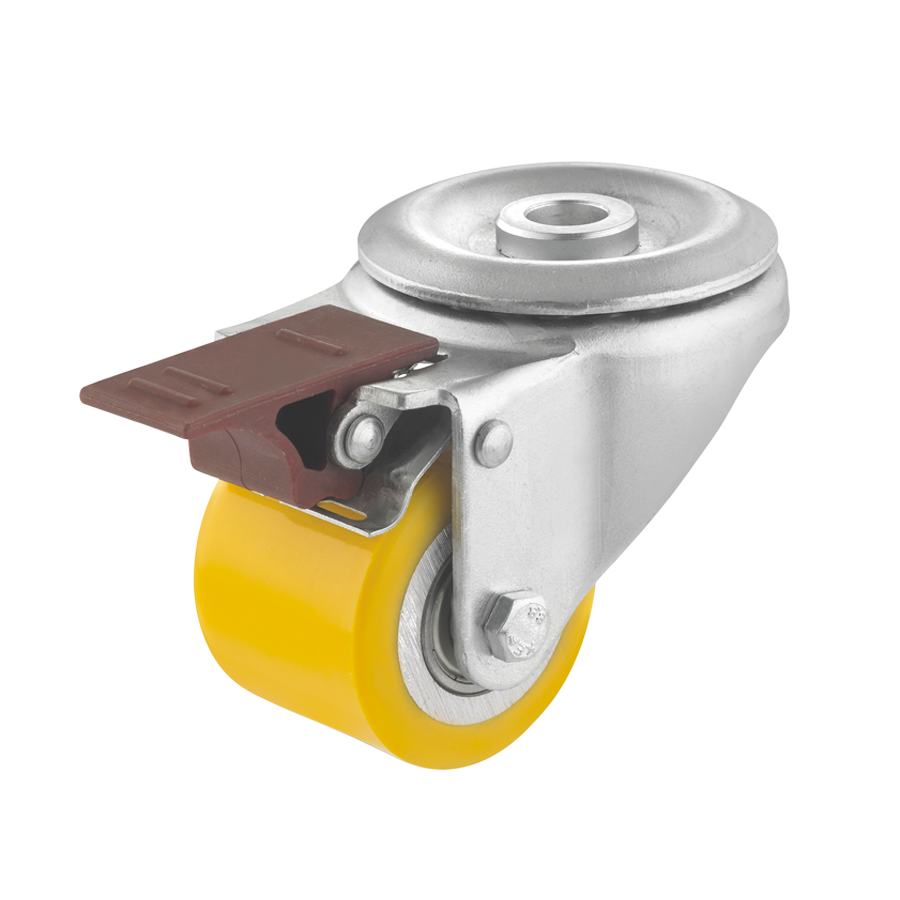Mini-Schwerlast-Lenkrolle Ø 50 mm mit Feststeller, Rückenloch, Lauffläche aus Polyurethan mit Kugel