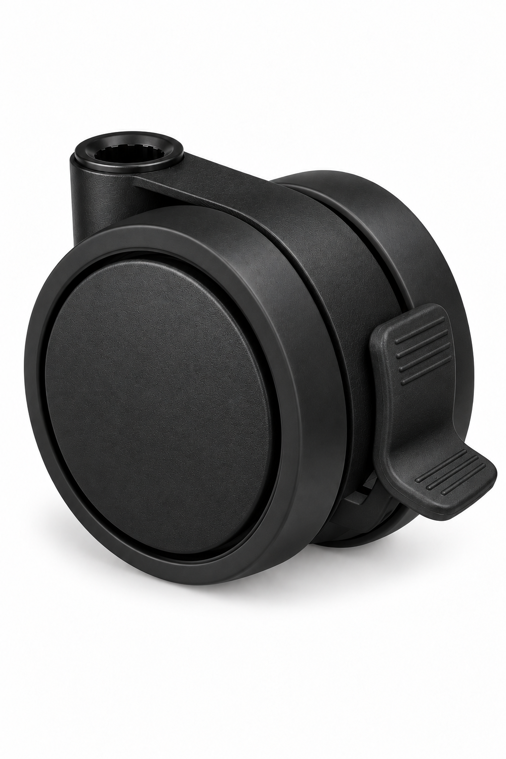 Doppelrolle, schwarz, mit weicher Lauffläche aus TPE (schwarz), Kappe schwarz, Ø 65 mm, mit Feststeller.