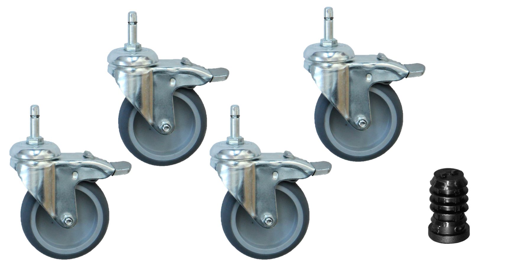 4er Set - Ø 75 mm Apparaterolle mit weicher Lauffläche und Totalfeststeller, Stift Ø 8mm, Klemmring, mit Rundrohrhülse für Rohrinnen-Ø 10 mm