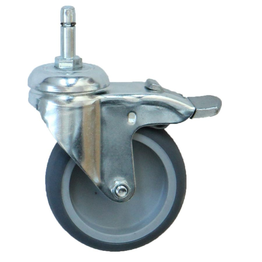 4er Set - Ø 75 mm Apparaterolle mit weicher Lauffläche und Totalfeststeller, Stift Ø 8mm, Klemmring, mit Rundrohrhülse für Rohrinnen-Ø 10 mm