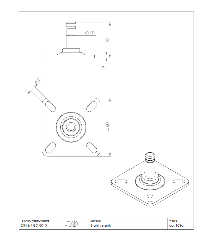 Technische Zeichnung der KARWEG Anschraubplatte 60x60x3mm, verzinkt, mit 10 mm Schaft (RASTER) und 4 Langlöchern, aus verzinktem Stahl, in drei Ansichten dargestellt.