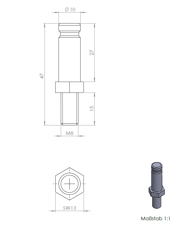 Technische Zeichnung eines Gewindestifts M8x15 mm, nur für Bohrung Ø 10 mm RASTER, im Maßstab 1:1.