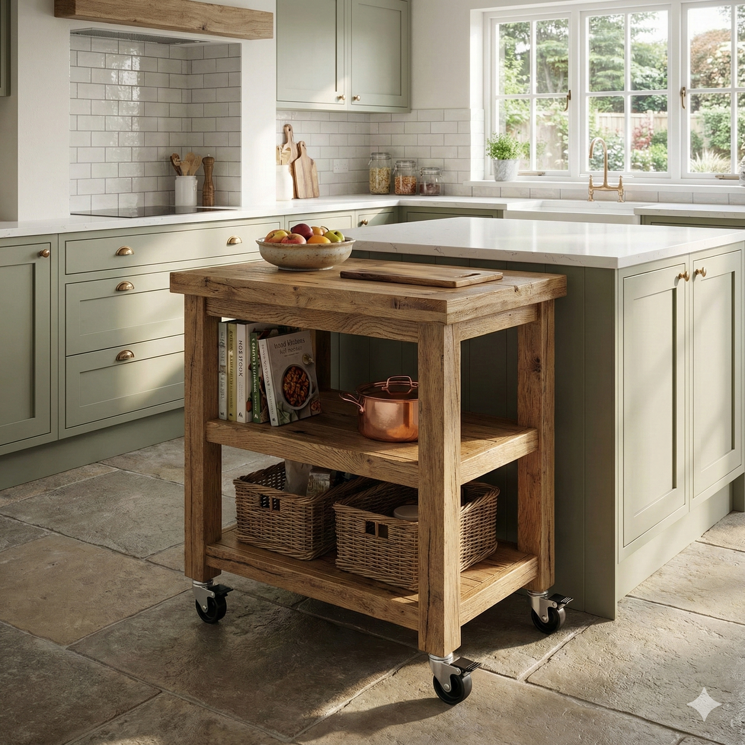 Ein stabiler Küchenwagen aus massivem Holz auf vier lenkbaren Rollen, platziert in einer Küche als mobile Arbeitsfläche.