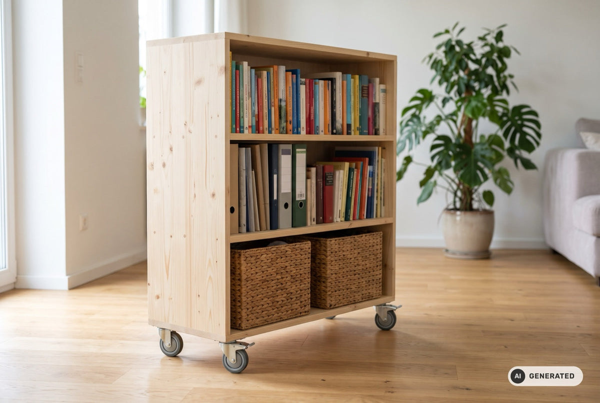 Selbst gebautes Rollregal aus hellem Holz mit Lenkrollen im Wohnzimmer
