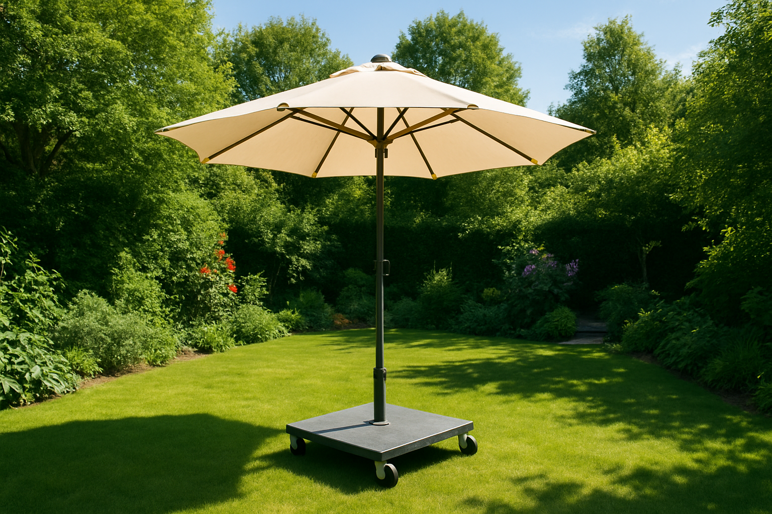 Ein großer beiger Terrassenschirm auf einem fahrbaren Untersatz steht auf einem grünen Rasen in einem sonnigen Garten.