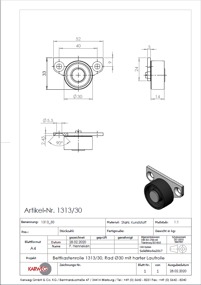 Ø 30 mm, Sonderkonstruktion Kastenbockrolle mit harter Lauffläche