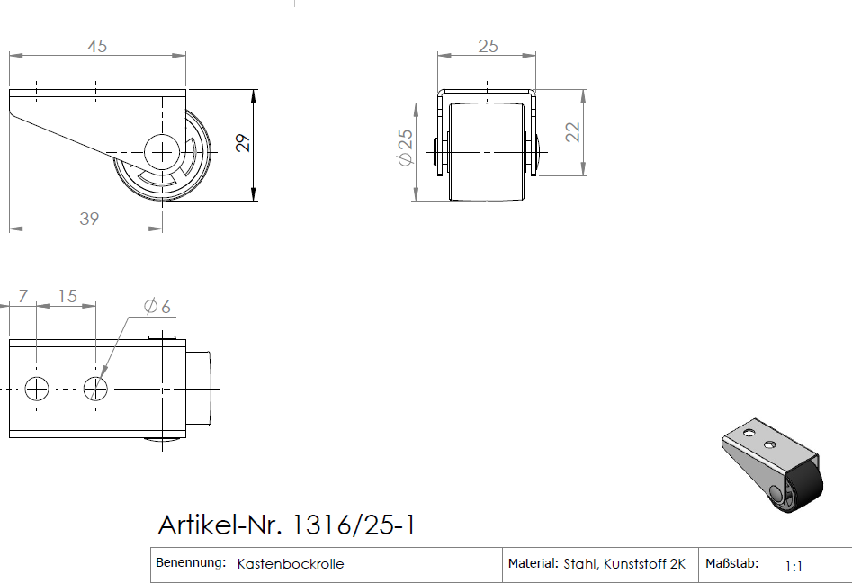 Ø 25 mm, Sonderkonstruktion Kastenbockrolle mit weicher Lauffläche, 1x Rad