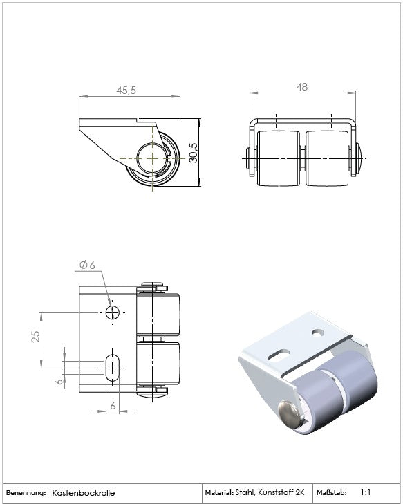 Ø 25 mm, Sonderkonstruktion Kastenbockrolle mit weicher Lauffläche, 2x Rad