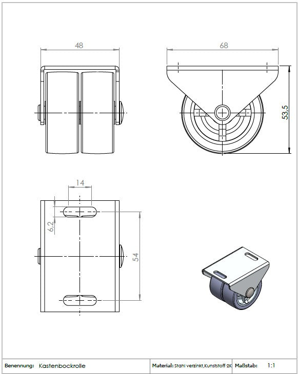 Ø 50 mm, Sonderkonstruktion Kastenbockrolle mit weicher Lauffläche, 2x Rad