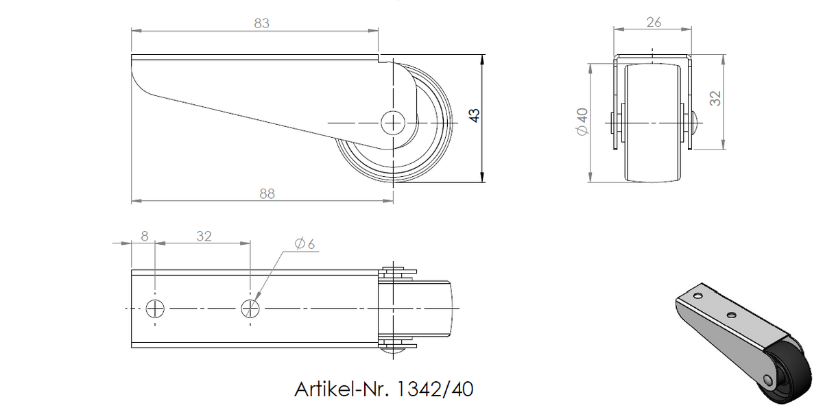 Technische Zeichnung einer Bettkastenrolle mit einem Durchmesser von 40 mm und harter Lauffläche, Platte 83 × 26 mm, verzinkt.
