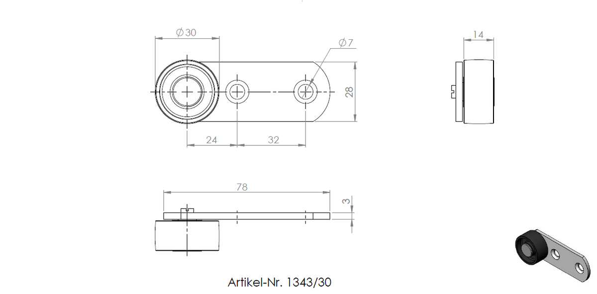 Hebel mit Rolle (Ø 30 mm), harte Lauffläche, verzinkt, 78 × 28 mm, inkl. Maßzeichnung.