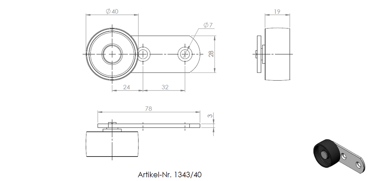 Technische Zeichnung eines Hebels 78 × 28 mm, verzinkt, mit Rolle Ø 40 mm, harte Lauffläche, mit Maßangaben.