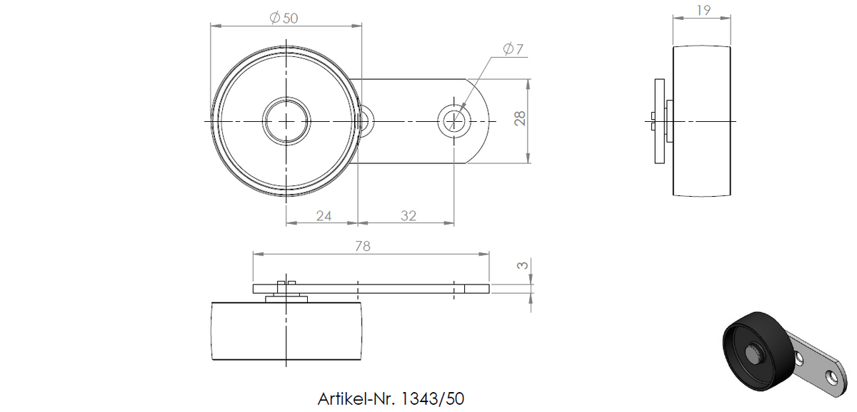 Technische Zeichnung und 3D-Ansicht eines Hebels 78 × 28 mm, verzinkt, mit Rolle Ø 50 mm, harte Lauffläche.