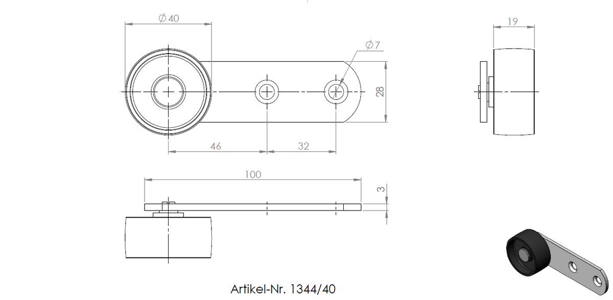 Technische Zeichnung/3D-Ansicht: 100 × 28 mm großer, verzinkter Hebel mit einer Rolle mit hartem Laufflächenbelag (Ø 40 mm).