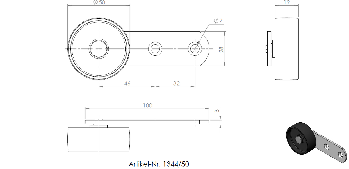 Technische Zeichnung/3D-Ansicht: Hebel mit Rolle (Ø 50 mm) mit harter Lauffläche, verzinkt, 100 × 28 mm.