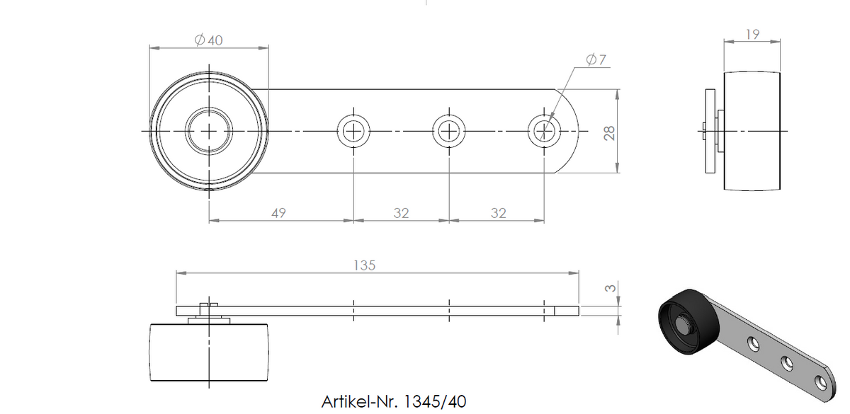 Technische Zeichnung eines Hebels mit Rolle, Ø 40 mm, 135 × 28 mm, verzinkt, harte Lauffläche.