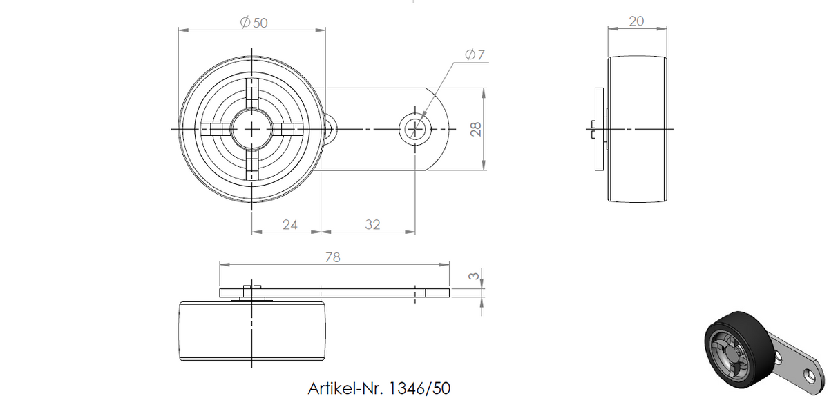 Technische Zeichnung eines Hebels mit Rolle (Ø 50 mm) und weicher Lauffläche, verzinkt, 78 × 28 mm.