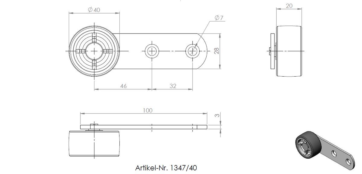 Technische Zeichnung eines Hebels 100 × 28 mm, verzinkt, mit Rolle Ø 40 mm, weiche Lauffläche, Hebelarm.