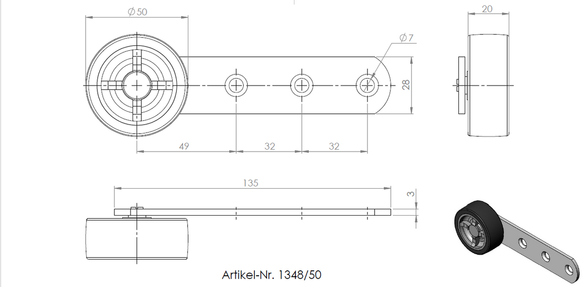 Technische Zeichnung & 3D-Rendering: Hebel mit 50-mm-Rolle mit weicher Lauffläche, verzinkt, 135 × 28 mm.